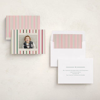 This is a champagne holiday photo cards with standard by Baumbirdy called colorful stripes printing on recycled smooth signature in standard