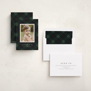 This is a pine holiday photo cards with standard by Olivia Kanaley Inman called balmoral green printing on recycled smooth signature in standard