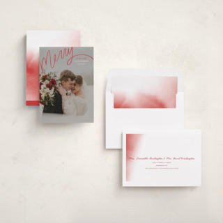This is a rouge holiday photo cards with standard by Becky Nimoy called merry hand lettered script printing on recycled smooth signature in standard