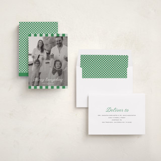 This is a sage holiday photo cards with standard by Sara Hicks Malone called cabana check printing on recycled smooth signature in standard