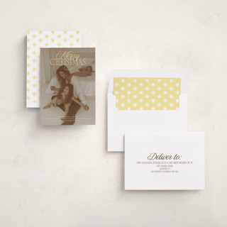 This is a butter yellow holiday photo cards with standard by Erika Firm called chromagical printing on recycled smooth signature in standard