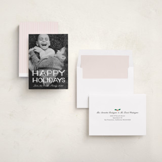 This is a snow holiday photo cards with standard by Becky Nimoy called happy holidays retro lettering printing on recycled smooth signature in standard