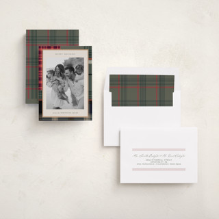 This is a rustic holiday photo cards with standard by Makewells called antiqued plaid printing on recycled smooth signature in standard