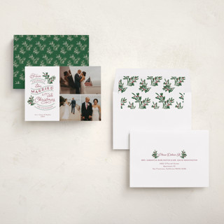 This is a cranberry holiday photo cards with standard by Sarah Brown called a little married printing on recycled smooth signature in standard