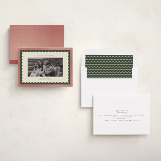 This is a cranberry holiday photo cards with standard by Ellen Schlegelmilch called gingham layers printing on recycled smooth signature in standard