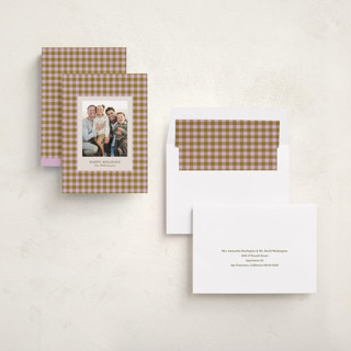This is a peony holiday photo cards with standard by Beth Vassalo called cozy gingham printing on recycled smooth signature in standard