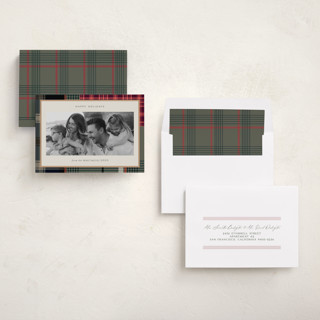 This is a rustic holiday photo cards with standard by Makewells called antiqued plaid printing on recycled smooth signature in standard
