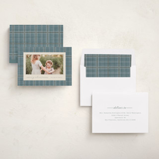 This is a powder blue holiday photo cards with standard by Baumbirdy called traditional plaid printing on recycled smooth signature in standard