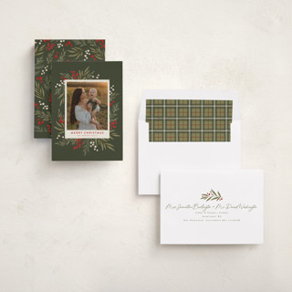This is a wreath holiday photo cards with standard by Wildfield Paper Co called holly + olive printing on recycled smooth signature in standard