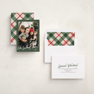 This is a forest holiday photo cards with standard by Karidy Walker called oh what fun script printing on recycled smooth signature in standard