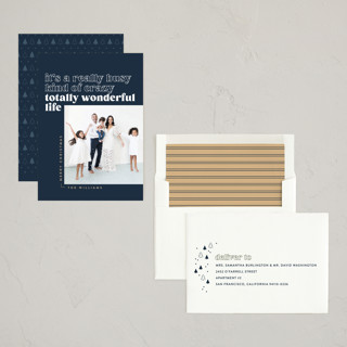 This is a navy holiday photo cards with standard by Robert and Stella called totally wonderful printing on recycled smooth signature in standard