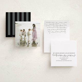 This is a coal holiday photo cards with standard by Kate Ross called love joy printing on recycled smooth signature in standard