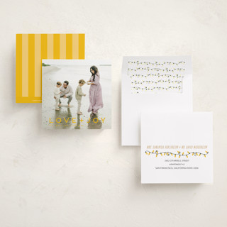 This is a golden honey holiday photo cards with standard by Kate Ross called love joy printing on recycled smooth signature in standard