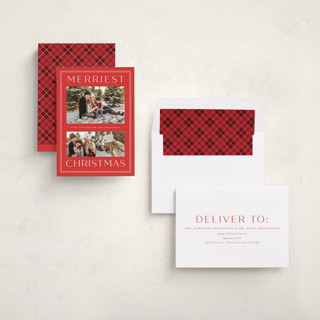 This is a cranberry holiday photo cards with standard by Sarah Brown called just the merriest printing on recycled smooth signature in standard