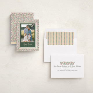 This is a forest holiday photo cards with standard by Creo Study called floral block print printing on recycled smooth signature in standard