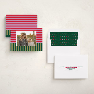 This is a candy cane holiday photo cards with standard by Shari Margolin called festive stripes printing on recycled smooth signature in standard
