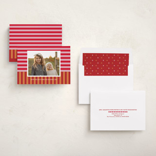 This is a nutmeg holiday photo cards with standard by Shari Margolin called festive stripes printing on recycled smooth signature in standard