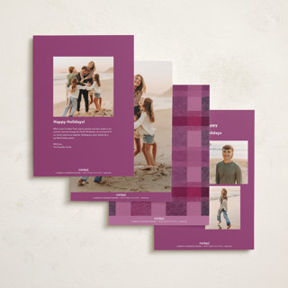 This is a raspberry holiday photo cards with standard by Carrie Moradi called cozy checked plaid printing on recycled smooth signature in standard