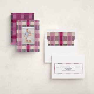 This is a raspberry holiday photo cards with standard by Carrie Moradi called cozy checked plaid printing on recycled smooth signature in standard