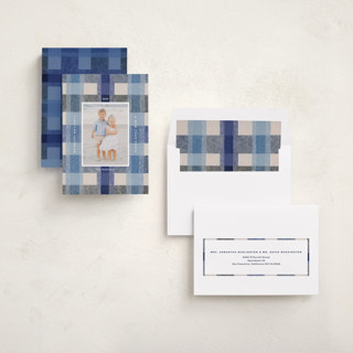 This is a blueberry holiday photo cards with standard by Carrie Moradi called cozy checked plaid printing on recycled smooth signature in standard