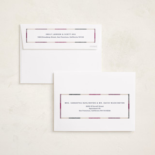 This is a raspberry holiday photo cards with standard by Carrie Moradi called cozy checked plaid printing on recycled smooth signature in standard