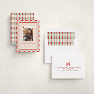 This is a tomato holiday photo cards with standard by Julie Murray called modern plaid printing on recycled smooth signature in standard