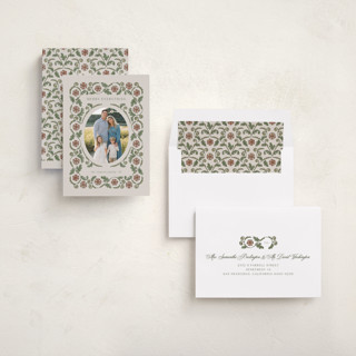 This is a maroon holiday photo cards with standard by Jen Owens called heritage wrap printing on recycled smooth signature in standard