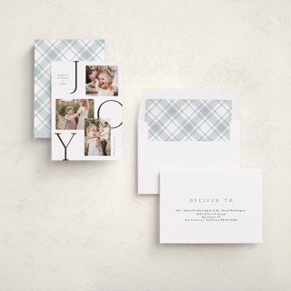 This is a snow holiday photo cards with standard by Kelly Schmidt called joy trio printing on recycled smooth signature in standard