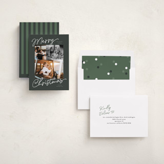This is a evergreen holiday photo cards with standard by Pixel and Hank called scripted trio printing on recycled smooth signature in standard