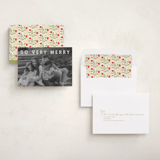 This is a cream holiday photo cards with standard by Jenny Millington called merry greeting printing on recycled smooth signature in standard