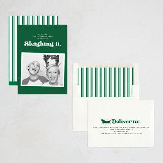 This is a elf holiday photo cards with standard by Corinne Malesic called sleighing it printing on recycled smooth signature in standard