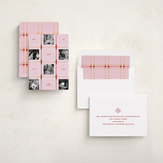 This is a strawberry holiday photo cards with standard by Inkblot Design called plaid squared printing on recycled smooth signature in standard