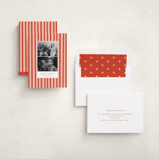 This is a candy cane holiday photo cards with standard by Bethan called striped snaps printing on recycled smooth signature in standard