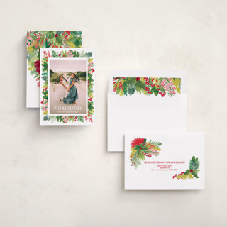 This is a strawberry punch holiday photo cards with standard by Shiny Penny Studio called tropical pines frame printing on recycled smooth signature in standard