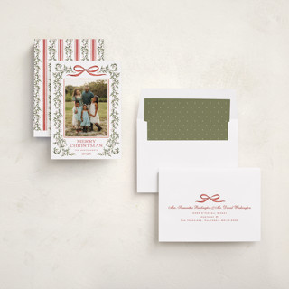 This is a holly berry holiday photo cards with standard by Wildfield Paper Co called laurel wreath printing on recycled smooth signature in standard