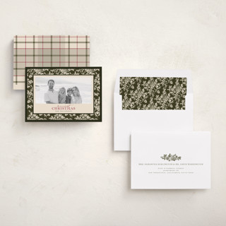 This is a pine holiday photo cards with standard by Jenna Holcomb called merry floral toile printing on recycled smooth signature in standard