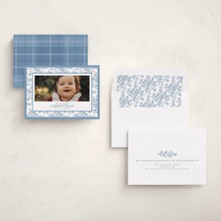 This is a powder holiday photo cards with standard by Jenna Holcomb called merry floral toile printing on recycled smooth signature in standard
