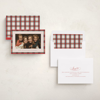 This is a holly berry holiday photo cards with standard by Olivia Kanaley Inman called taffeta tartan printing on recycled smooth signature in standard