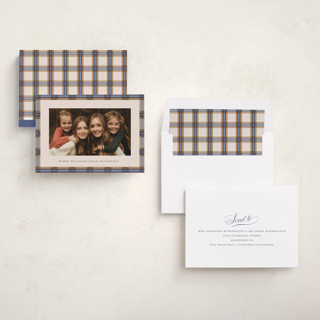 This is a cornflower holiday photo cards with standard by Olivia Kanaley Inman called taffeta tartan printing on recycled smooth signature in standard