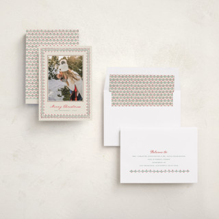 This is a wreath holiday photo cards with standard by letterfix called scallop trim printing on recycled smooth signature in standard
