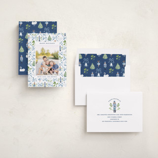 This is a blue ribbon holiday photo cards with standard by Sarah Knight called nutcracker ribbons printing on recycled smooth signature in standard