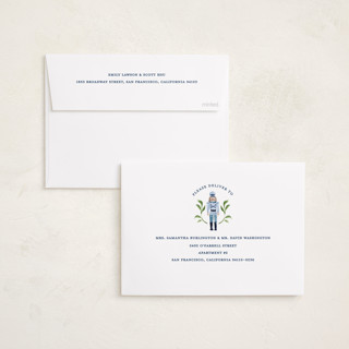 This is a blue ribbon holiday photo cards with standard by Sarah Knight called nutcracker ribbons printing on recycled smooth signature in standard