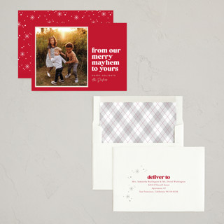 This is a holly berry holiday photo cards with standard by Robert and Stella called our merry mayhem printing on recycled smooth signature in standard
