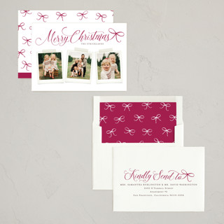 This is a wine holiday photo cards with standard by Hooray Creative called scripted red bow printing on recycled smooth signature in standard