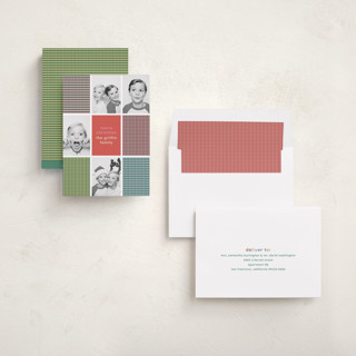This is a candy holiday photo cards with standard by Kelly Watkins called modern plaid printing on recycled smooth signature in standard