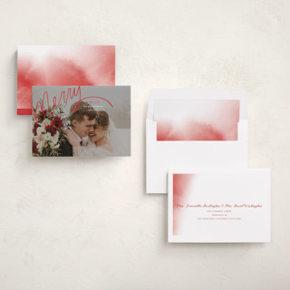 This is a rouge holiday photo cards with standard by Becky Nimoy called merry hand lettered script printing on recycled smooth signature in standard