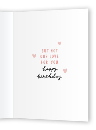 This is a peach birthday cards for her with standard by Cindy Chu called we've run out of candles! printing on signature in greeting cards