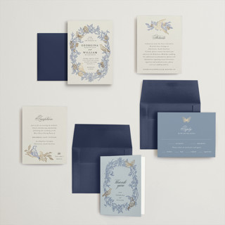 This is a cornflower petite wedding invitations with foil pressed by Grae called meet me in the garden printing on signature in petite