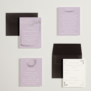This is a lilac petite wedding invitations with foil pressed by Petra Kern called manuet printing on signature in petite