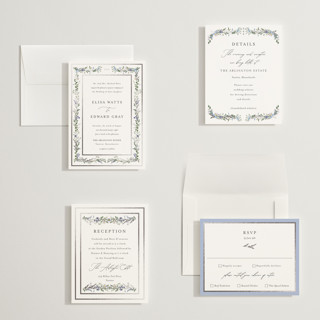 This is a lilac petite wedding invitations with foil pressed by Susan Moyal called blooming vine printing on signature in petite